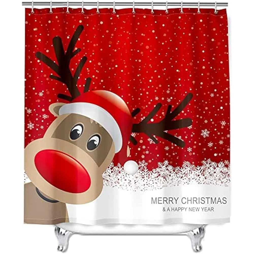 Merry Christmas Shower Curtain Sets For Bathroom, 4Pcs Xmas Shower Curtain/Non-Slip Bathroom Rugs/Lid Toilet Cover/Bath Mat, Funny Santa Claus Elk Snowman Bell Car Carpet Decor(Happy Elk) 7 Merry Christmas Shower Curtain Sets For Bathroom, 4Pcs Xmas Shower Curtain/Non-Slip Bathroom Rugs/Lid Toilet Cover/Bath Mat, Funny Santa Claus Elk Snowman Bell Car Carpet Decor(Happy Elk) - Image 7