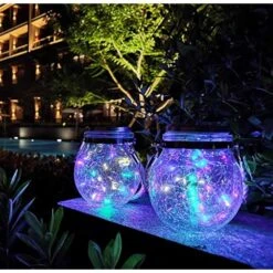 KIMI HOUSE 2 Pack Hanging Solar Powered LED Lights,Cracked Glass Ball Light, Waterproof Outdoor Christmas Decorative Lantern For Garden, Yard, Patio, Lawn (Colorful)
