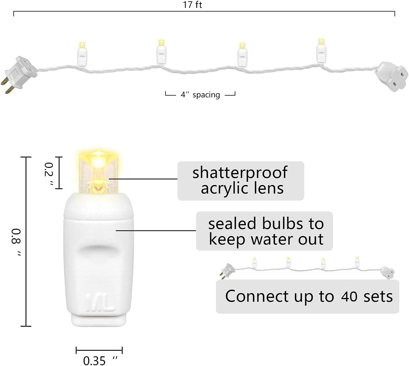 Christmas Lights 50 LED 17FT Commercial Mini LED String Lights, 120V UL, White Wire Xmas Lights For Indoor & Outdoor Use, Holiday Party Decorations,Trees, Light Displays (Warm White) 8 Christmas Lights 50 LED 17FT Commercial Mini LED String Lights, 120V UL, White Wire Xmas Lights For Indoor & Outdoor Use, Holiday Party Decorations,Trees, Light Displays (Warm White) - Image 8