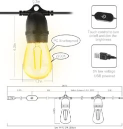 ROMANJOY USB Powered String Lights, 24.6FT Dimmable Waterproof String Lights With 10Pcs 1W S14 LED Shatterproof Edison Bulbs, Outdoor Patio Lights For Backyard, Porch, Camping Tents, Christmas Decor -Xmas Lighting Shop 61 NcI9Xh L. AC SL1500