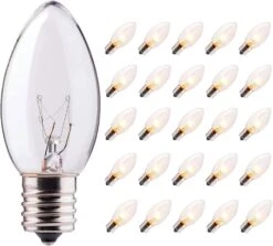 SUNSGNE 25 Pack C9 Clear Replacement Bulbs, C9 Christmas Light Bulbs Clear Incandescent Bulbs For Christmas Vintage String Light, E17 Intermediate Base, 7 Watt, Clear