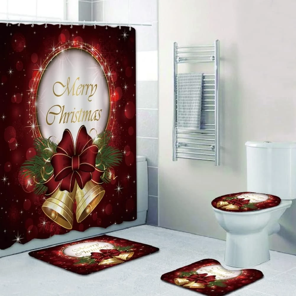 4pcs Merry Christmas Shower Curtain Sets,Waterproof Bath Curtain With 12 Hooks,Base Mat,Toilet Mat,Floor Mat,Bathroom Set 1 4pcs Merry Christmas Shower Curtain Sets,Waterproof Bath Curtain With 12 Hooks,Base Mat,Toilet Mat,Floor Mat,Bathroom Set