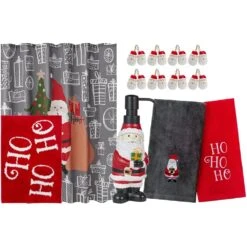 17-Piece Christmas Holiday Bathroom Accessory Set With | Resin Liquid Soap Pump| Bath Rug | Shower Curtain | 12 Curtain Hooks | 2 Hand Towels| Gift Box Set | Xmas Decor (Silly Santa)