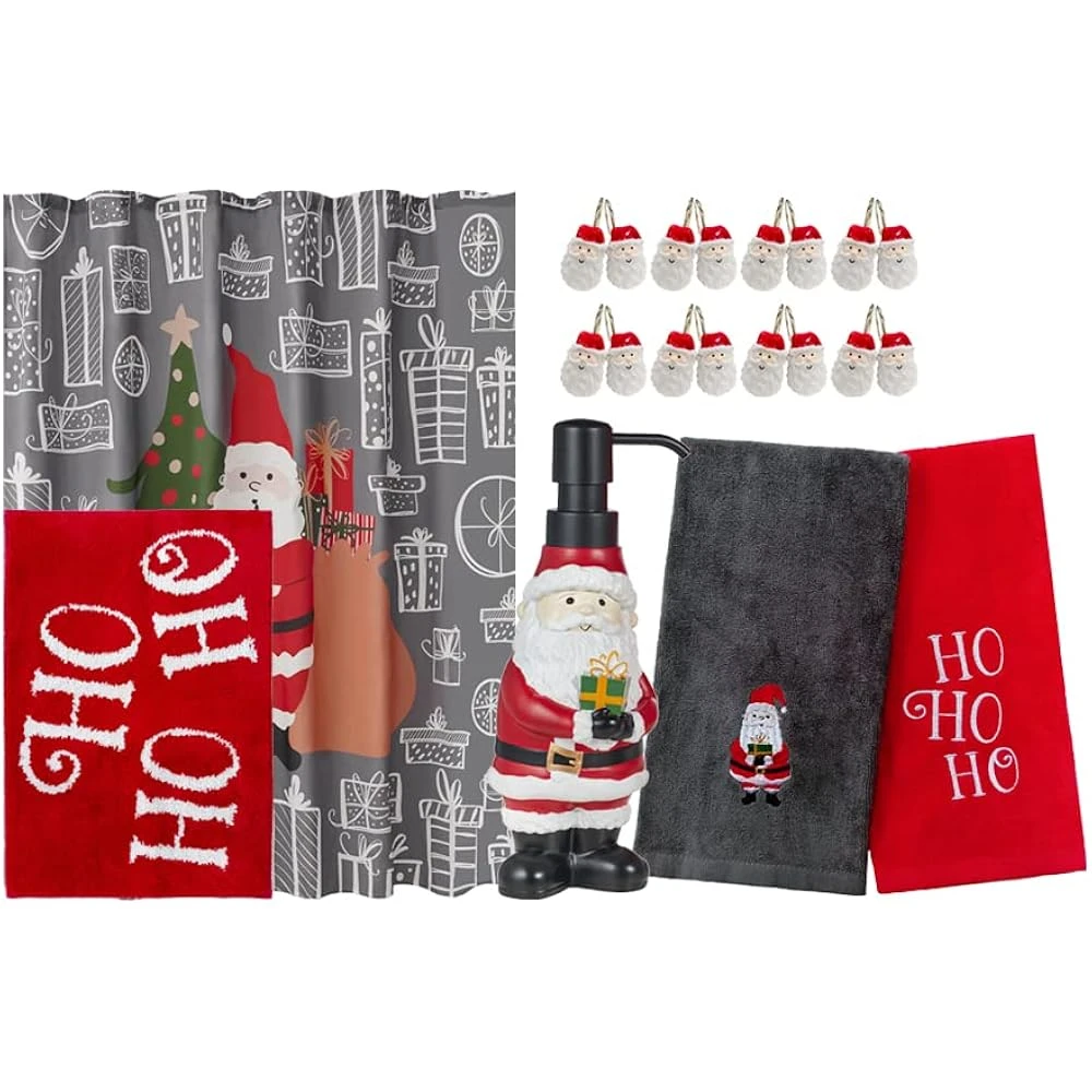 17-Piece Christmas Holiday Bathroom Accessory Set With | Resin Liquid Soap Pump| Bath Rug | Shower Curtain | 12 Curtain Hooks | 2 Hand Towels| Gift Box Set | Xmas Decor (Silly Santa) 1 17-Piece Christmas Holiday Bathroom Accessory Set With | Resin Liquid Soap Pump| Bath Rug | Shower Curtain | 12 Curtain Hooks | 2 Hand Towels| Gift Box Set | Xmas Decor (Silly Santa)