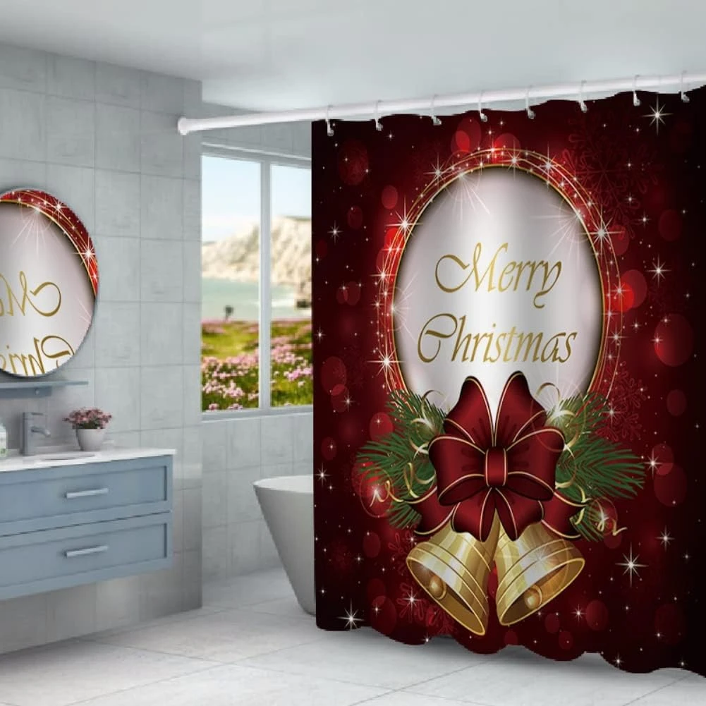 4pcs Merry Christmas Shower Curtain Sets,Waterproof Bath Curtain With 12 Hooks,Base Mat,Toilet Mat,Floor Mat,Bathroom Set 3 4pcs Merry Christmas Shower Curtain Sets,Waterproof Bath Curtain With 12 Hooks,Base Mat,Toilet Mat,Floor Mat,Bathroom Set - Image 3