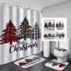 Christmas Shower Curtain Set With Rugs,Merry Christmas Holiday Fabric Waterproof Shower Curtains For Bathroom Set With Shower Curtain Bathroom Curtains Shower Sets Xmas Tree Bells Stockings