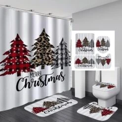 Christmas Shower Curtain Set With Rugs,Merry Christmas Holiday Fabric Waterproof Shower Curtains For Bathroom Set With Shower Curtain Bathroom Curtains Shower Sets Xmas Tree Bells Stockings