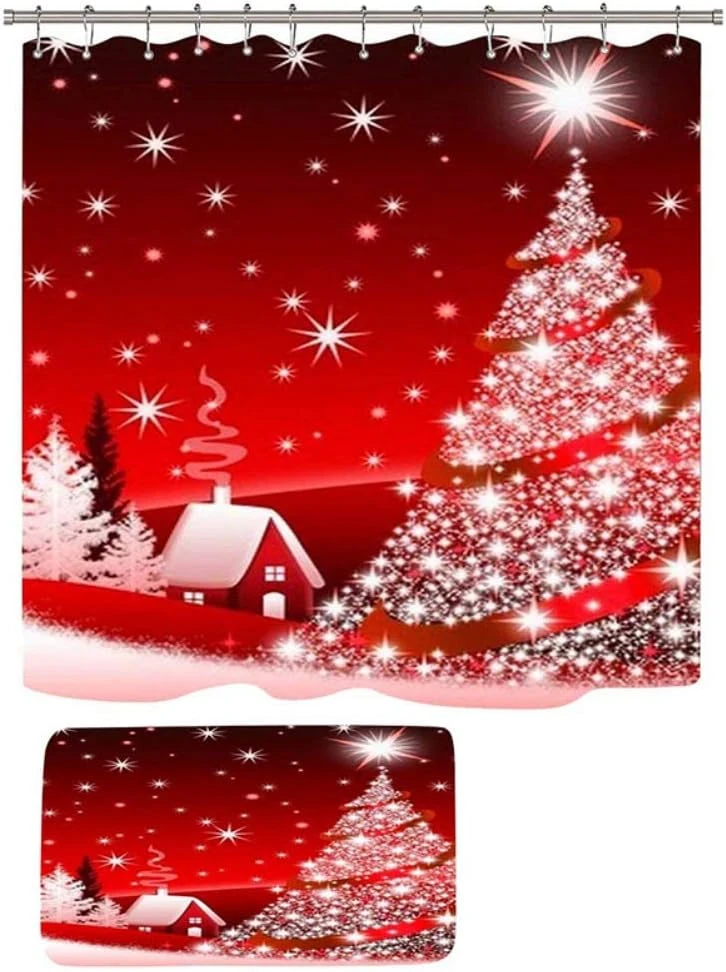 Hotfiary Shower Curtains For Bathroom, Christmas Shower Curtain Set For Bathroom, Winter Holiday Festival New Year Shower Curtain Sets With 12 Hooks And Non-Slip Rugs, Bath Mat, Toilet Lid Cover 8 Hotfiary Shower Curtains For Bathroom, Christmas Shower Curtain Set For Bathroom, Winter Holiday Festival New Year Shower Curtain Sets With 12 Hooks And Non-Slip Rugs, Bath Mat, Toilet Lid Cover - Image 8