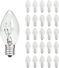 CHYParty 25 Pack C7 Clear Replacement Bulbs, 5W Incandescent Night Light, E12 Candelabra Base, Warm White 2700K C7 Bulbs For Indoor/Outdoor Christmas Halloween Patio String Lights Decor