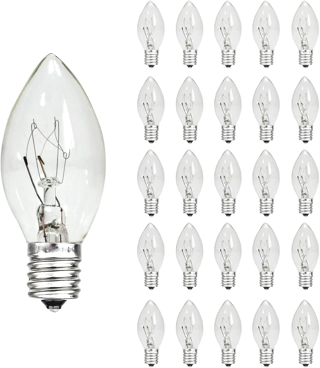 CHYParty 25 Pack C7 Clear Replacement Bulbs, 5W Incandescent Night Light, E12 Candelabra Base, Warm White 2700K C7 Bulbs For Indoor/Outdoor Christmas Halloween Patio String Lights Decor 1 CHYParty 25 Pack C7 Clear Replacement Bulbs, 5W Incandescent Night Light, E12 Candelabra Base, Warm White 2700K C7 Bulbs For Indoor/Outdoor Christmas Halloween Patio String Lights Decor