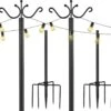 Outdoor Patio String Lights Poles - 2 Pack Metal Light Poles 9FT Black With Hooks & Wire Rope For Backyard, Wedding, Garden, Christmas & Holidays