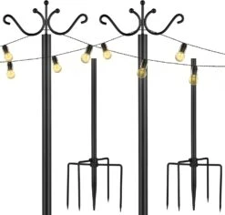 Outdoor Patio String Lights Poles - 2 Pack Metal Light Poles 9FT Black With Hooks & Wire Rope For Backyard, Wedding, Garden, Christmas & Holidays