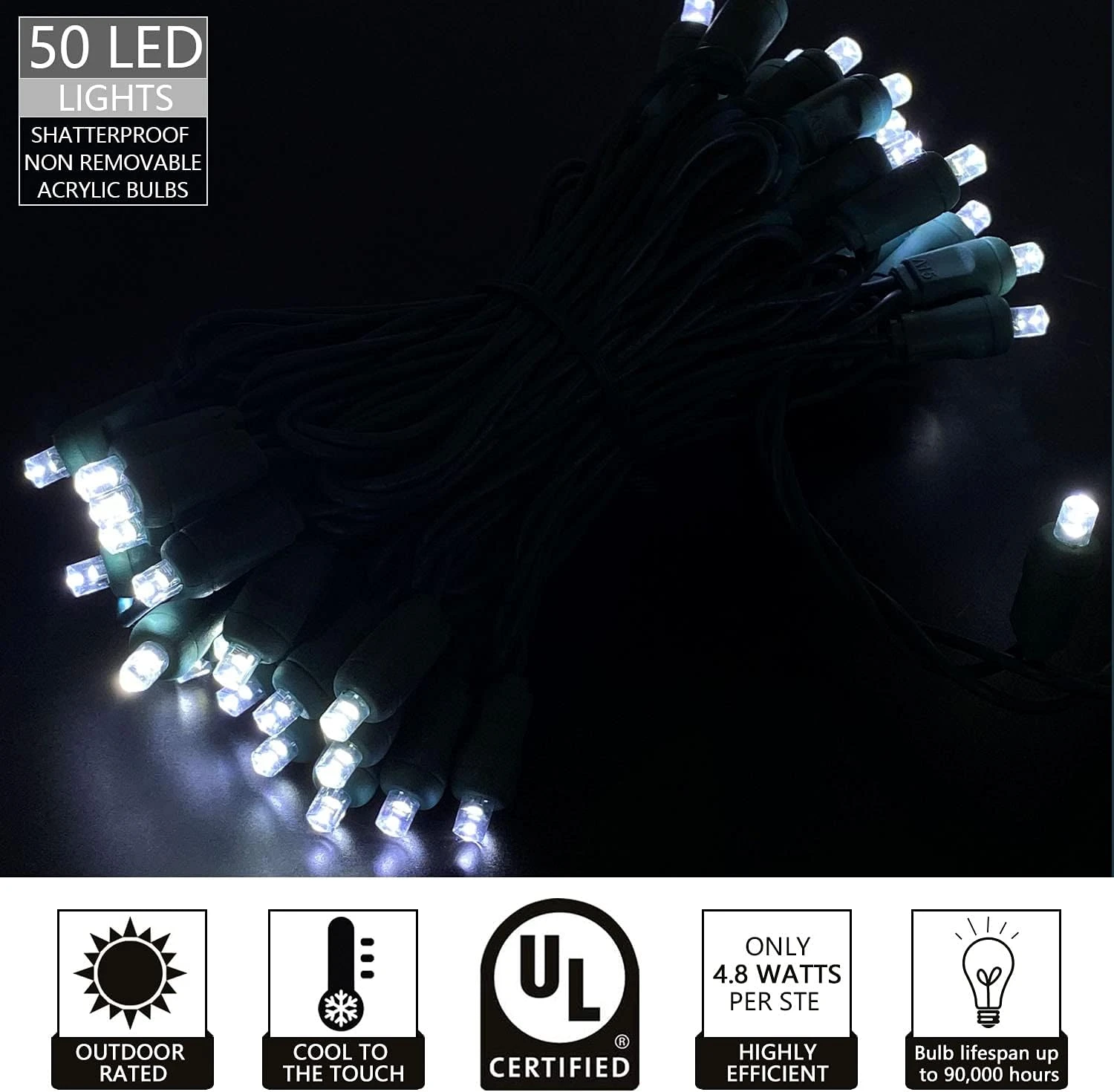 Yongzhenlite 50 Count Wide Angle 5MM Mini LED Christmas Lights,White Led String Lights For Outdoor And Indoor Christmas Trees Decoration,Commercial Grade,Green Wire,17Feet,UL Listed (Cool White) 3 Yongzhenlite 50 Count Wide Angle 5MM Mini LED Christmas Lights,White Led String Lights For Outdoor And Indoor Christmas Trees Decoration,Commercial Grade,Green Wire,17Feet,UL Listed (Cool White) - Image 3