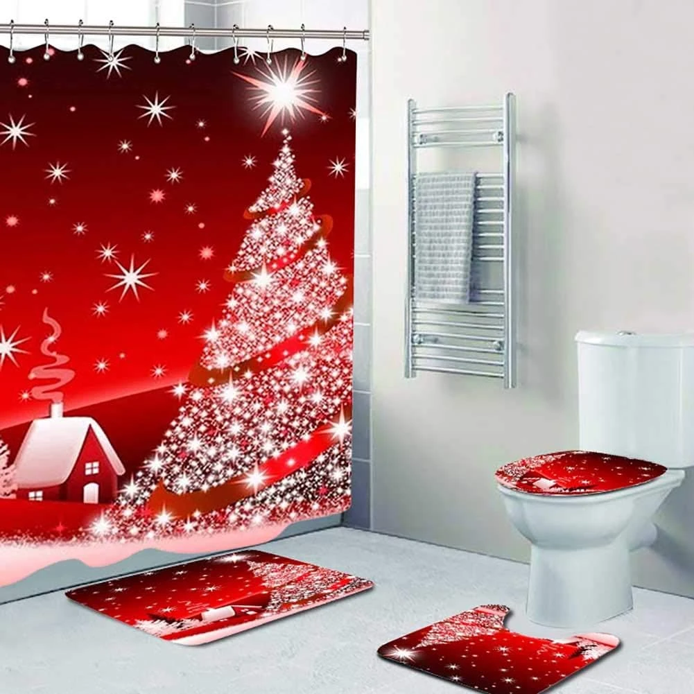 Hotfiary Shower Curtains For Bathroom, Christmas Shower Curtain Set For Bathroom, Winter Holiday Festival New Year Shower Curtain Sets With 12 Hooks And Non-Slip Rugs, Bath Mat, Toilet Lid Cover 2 Hotfiary Shower Curtains For Bathroom, Christmas Shower Curtain Set For Bathroom, Winter Holiday Festival New Year Shower Curtain Sets With 12 Hooks And Non-Slip Rugs, Bath Mat, Toilet Lid Cover - Image 2