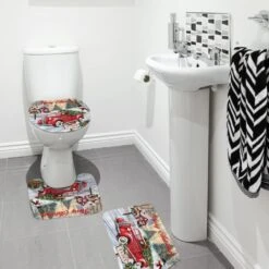 Jlong 4 Pcs Christmas Shower Curtain Sets With With Non-Slip Rugs, Toilet Lid Cover And Bath Mat, Vintage Truck Xmas Tree Winter Snowman Farmhouse Waterproof Bathroom Curtain Set With 12 Hooks -Xmas Lighting Shop 61dmG5fhZmL. AC SL1001