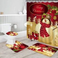 Novobey 4 Pcs Merry Christmas Shower Curtain Sets With Non-Slip Bathroom Rugs, Lid Toilet Cover, Bath Mat, Shower Curtain Christmas Bathroom Decor