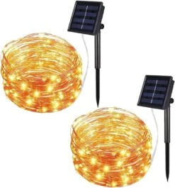 Solar String Lights Outdoor, 33Ft 100LEDs Solar Fairy Lights With 8 Lighting Modes Waterproof Decorative Copper Wire Lights For Christmas Patio Party Garden Gate Yard Wedding (Warm White, 2Pack)