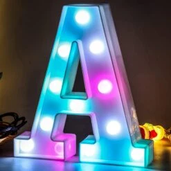 Marquee Light Up Letters LED Letter Lights Alphabet Battery Powered Seven Colors Auto-Changing Lighted Letters For Party Birthday Wedding Bar Christmas Girls Room Decoration A