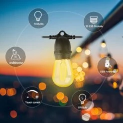 ROMANJOY USB Powered String Lights, 24.6FT Dimmable Waterproof String Lights With 10Pcs 1W S14 LED Shatterproof Edison Bulbs, Outdoor Patio Lights For Backyard, Porch, Camping Tents, Christmas Decor -Xmas Lighting Shop 61q9y6bQrkL. AC SL1500