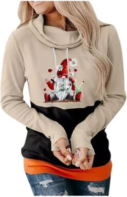 Color Block Women's Hoodie Merry Christmas Winter 2023 Drawstring Print Hooded Sweatshirt Long Sleeve Hoodies