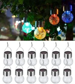12 Pack Hanging Solar Powered LED Light With 10 Color Auto-Changing, Cracked Glass Ball Light, Waterproof Outdoor Christmas Decorative Lantern For Garden, Yard, Patio, Lawn