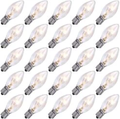 SUNSGNE 25 Pack C7 Clear Replacement Bulbs Christmas Light Bulbs, Outdoor Patio String Light Bulbs, C7 Night Light Replacement Bulbs, E12/C7 Candelabra Base, 5 Watt- Clear