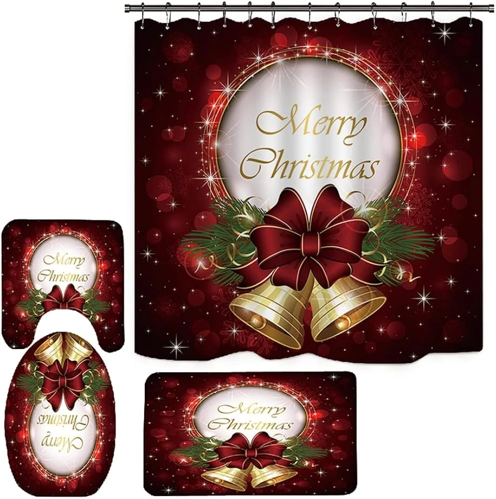 4pcs Merry Christmas Shower Curtain Sets,Waterproof Bath Curtain With 12 Hooks,Base Mat,Toilet Mat,Floor Mat,Bathroom Set 2 4pcs Merry Christmas Shower Curtain Sets,Waterproof Bath Curtain With 12 Hooks,Base Mat,Toilet Mat,Floor Mat,Bathroom Set - Image 2