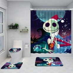 DDQTOUCH 4 Piece Nightmare Before Christmas Bathroom Sets With Shower Curtain And Rugs Halloween Pumpkin Jack Skellington Shower Curtain Bathroom Decor Set With 12 Hooks (Color-23)