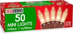 50 Christmas Tree Lights Set - 12.3 Ft / 3.7 M - 120V - Clear Warm White Bulbs 2800K - Brown Wire - Decor Lights For Patio Garden Wedding Holiday Christmas Tree - Indoor And Outdoor Decorative Use
