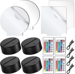 4 Pieces 3D Night LED Light Lamp Base And 4 Pieces Clear Acrylic Sheets With Remote Control And USB Cable, Christmas DIY Acrylic Adjustable 16 Colors 4 Modes Set For Restaurant Room Shop Bar