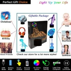 Comiwe Tiger 3D Illusion Night Light Toys,16 Colors Change Smart Touch & Remote Control,Home Decor LED Bedside Table Desk Lamp,Christmas Birthday Gift For Girls Boys Kids Adults Friends & Family -Xmas Lighting Shop 7113o5hPwAL. AC SL1005