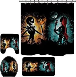 4 Pcs /Set Halloween Bathroom Decor Shower Curtain Sets With Bath Rugs ,Nightmare Before Christmas Bathtub Curtains Area Rug Mats Toilet Seat Cover Hooks Gray Skull Skeleton Blue Yellow (Black) -Xmas Lighting Shop 711mKz 7NKL. AC SL1500