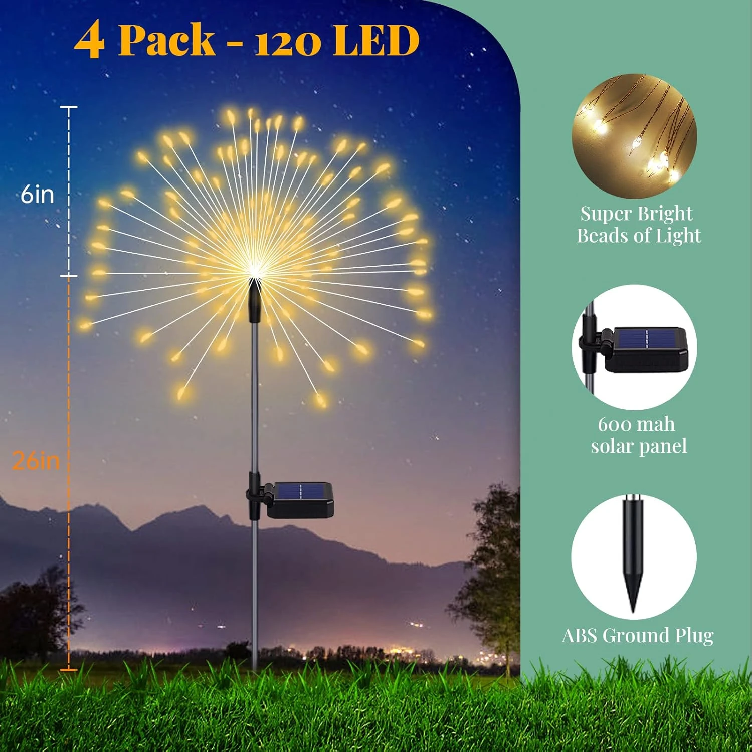 Botfal 4 Pack Solar Firework Lights, Solar Garden Lights Outdoor 120 Led, Waterproof Stake Landscape Lights With 8 Flashing Modes, For Garden Pathway Courtyards Wedding Christmas Decor (Warm White) 5 Botfal 4 Pack Solar Firework Lights, Solar Garden Lights Outdoor 120 Led, Waterproof Stake Landscape Lights With 8 Flashing Modes, For Garden Pathway Courtyards Wedding Christmas Decor (Warm White) - Image 5