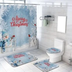 Merry Christmas 4 Pcs Bathroom Shower Curtain Set Retro Farmhouse Snowman Cute Birds Shower Curtain Sets With Rugs(Bath Mat,U Shape And Toilet Lid Cover Mat) And 12 Hooks 70.8×70.8
