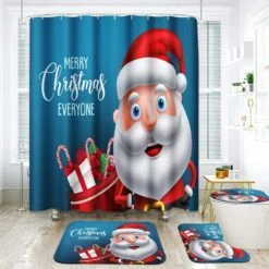 ArtSocket 4 Pcs Shower Curtain Set Santa Claus Merry Christmas Blue With Non-Slip Rugs Toilet Lid Cover And Bath Mat Bathroom Decor Set 72" X 72"