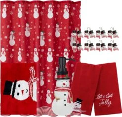 Indecor Home 17-Piece Snowman Christmas Holiday Bathroom Decoration Accessory Set | Bath Rug/Mat | Resin Soap/Lotion Pump Dispenser | Shower Curtain | 12 Resin Hooks | 2 Hand Towels | Gift Box Set
