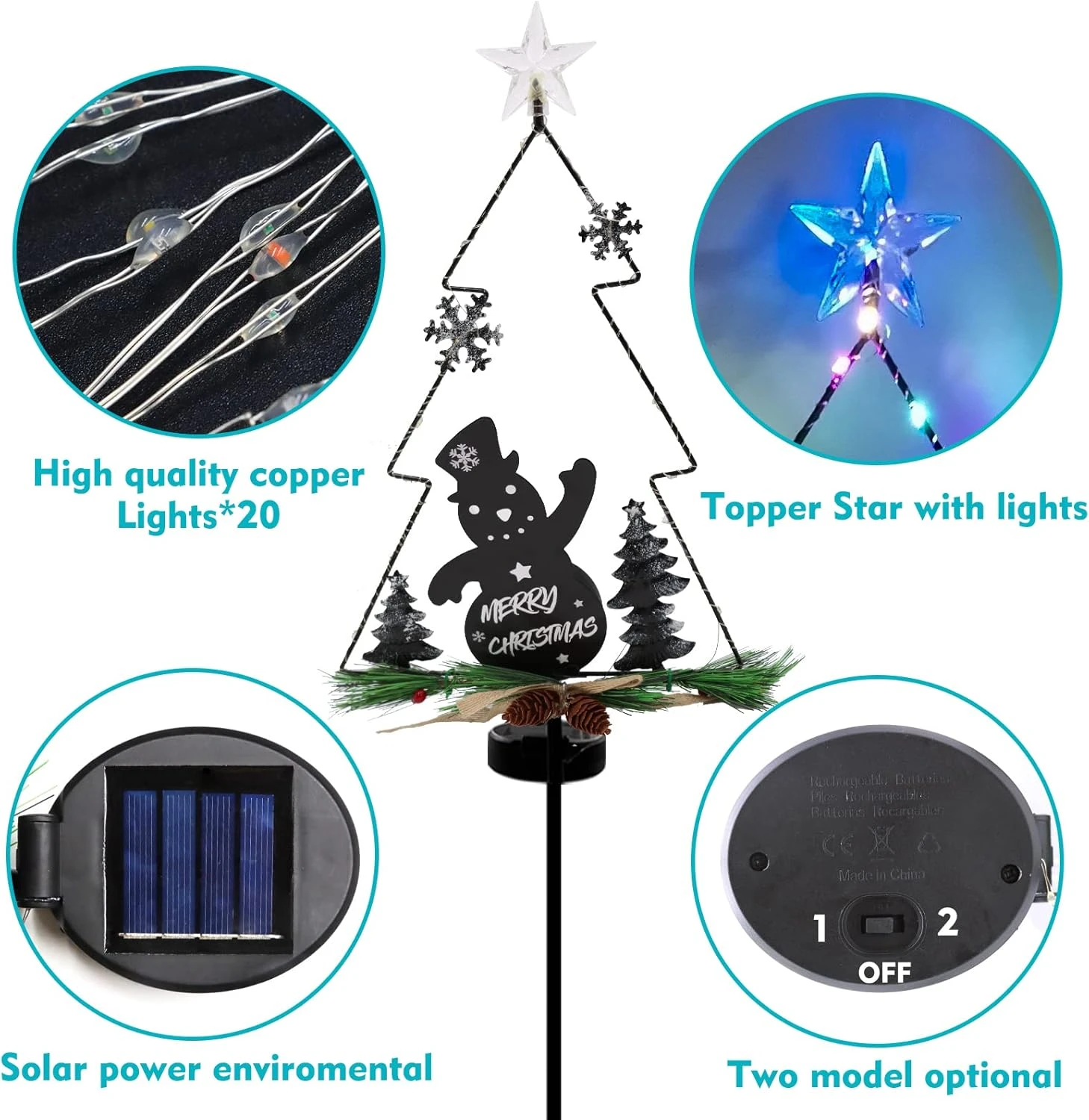 48 Inch Tall 20 LEDs Solar Garden Lights Tree Outdoor, 2 Pack Christmas Tree Lights Multi-Color Pine Lights For Garden Patio Pathway Lights Xmas Snowman Decors 2 Modes (Flicker Light & Constant) 6 48 Inch Tall 20 LEDs Solar Garden Lights Tree Outdoor, 2 Pack Christmas Tree Lights Multi-Color Pine Lights For Garden Patio Pathway Lights Xmas Snowman Decors 2 Modes (Flicker Light & Constant) - Image 6