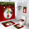 Red Christmas Shower Curtain Set With Anti-Slip Rug, Toilet Cover And Bath Mat Xmas Santa Winter Happy New Year Holiday Shower Curtain With 12 Hooks Bathroom Set Holiday Home Decor