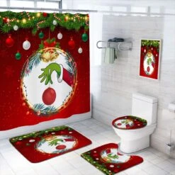 Red Christmas Shower Curtain Set With Anti-Slip Rug, Toilet Cover And Bath Mat Xmas Santa Winter Happy New Year Holiday Shower Curtain With 12 Hooks Bathroom Set Holiday Home Decor