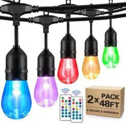 SHINE HAI 2-Pack 48FT Outdoor RGB String Lights, Cafe LED String Light With 30+5 Shatterproof Edison Bulb Dimmable, Commercial Light String For Patio Backyard Christmas Party, 2 Remote, 96FT
