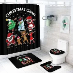 Black Santa Claus Shirt African American Christmas Crew Gift Four-Piece Bathroom Set, Including Square Non-Slip Bath Mat, U-Shaped Mat, Toilet Lid Cover Mat, And A Shower Curtain(4-Piece Set)