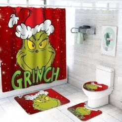 ZMMB Christmas Shower Curtain 4 Piece Sets With Non-Slip Rugs,Toilet Lid Cover And Bath Mat,Christmas Shower Curtain With 12 Hooks Bathroom Set Holiday Home Decor
