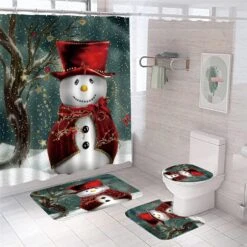 Jieprom 4PCS Christmas Snowman Shower Curtain Set With Non-Slip Rugs, Toilet Lid Cover And Bath Mat, Shower Curtain With 12 Hooks, Durable Waterproof Christmas Bathroom Decor Set
