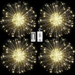 FOOING 4 Pack Firework Lights Led Copper Wire Starburst String Lights 8 Modes Battery Operated Fairy Lights With Remote,Wedding Christmas Decorative Hanging Lights For Party Patio Garden Decoration