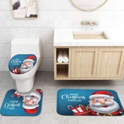 ArtSocket 4 Pcs Shower Curtain Set Santa Claus Merry Christmas Blue With Non-Slip Rugs Toilet Lid Cover And Bath Mat Bathroom Decor Set 72" X 72" -Xmas Lighting Shop 71Bi9HlaaFL. AC SL1500