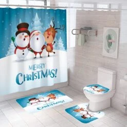 JOINSI 4 Pcs Christmas Snowman Shower Curtain Sets With Rugs, Toilet Lid Cover, Bath Mat, 12 Hooks For Xmas Holiday Decorations (71 Inch X 71 Inch) (Snowman)