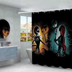 4 Pcs /Set Halloween Bathroom Decor Shower Curtain Sets With Bath Rugs ,Nightmare Before Christmas Bathtub Curtains Area Rug Mats Toilet Seat Cover Hooks Gray Skull Skeleton Blue Yellow (Black) -Xmas Lighting Shop 71FKESrwBLL. AC SL1500