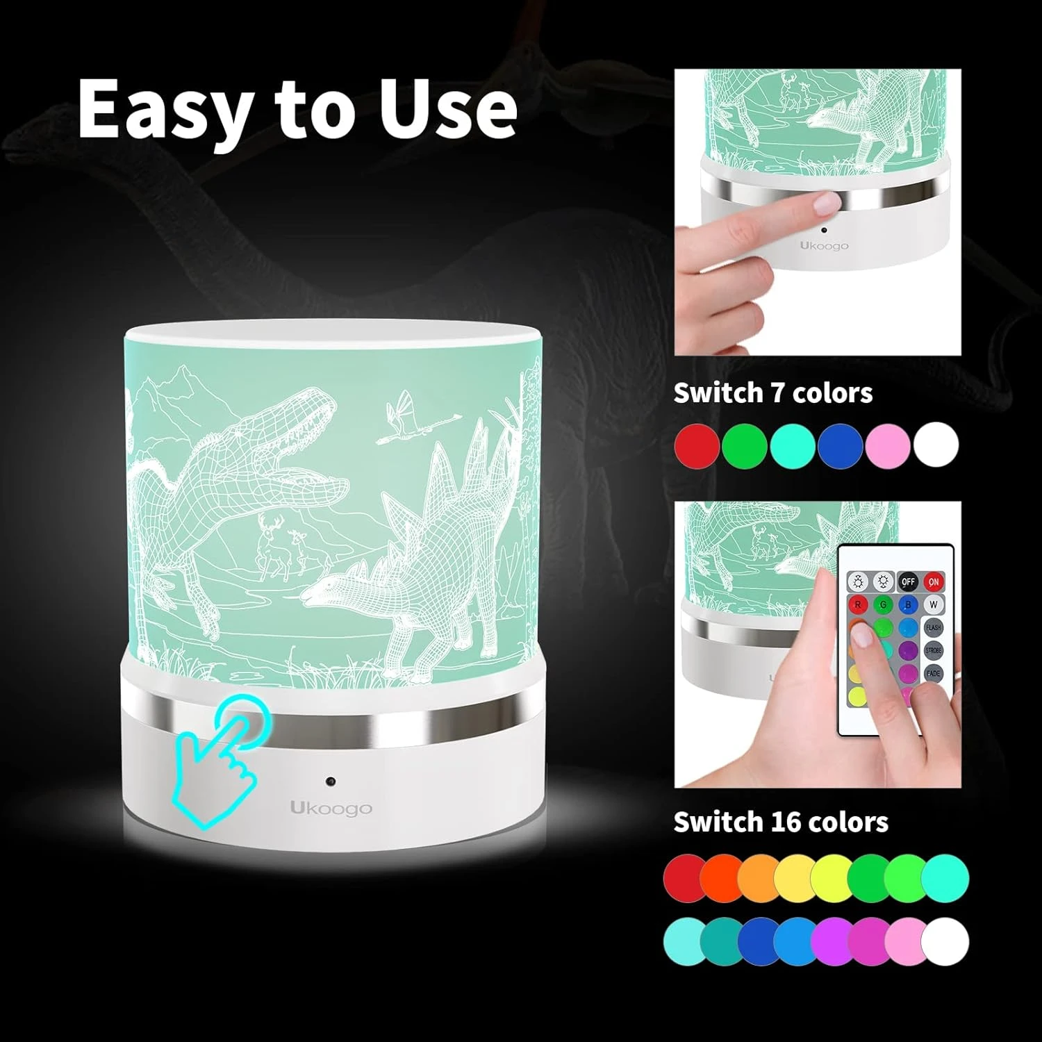 Ukoogo Dinosaur 3D Night Light,Dinosaur Light For Boys Girls,3D Kids Night Light,16 Color Changing Dinosaur Lamp With Remote Control,Birthday Valentines Christmas Gift Ideas For Girl Women Room Decor 4 Ukoogo Dinosaur 3D Night Light,Dinosaur Light For Boys Girls,3D Kids Night Light,16 Color Changing Dinosaur Lamp With Remote Control,Birthday Valentines Christmas Gift Ideas For Girl Women Room Decor - Image 4