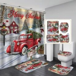 Jlong 4 Pcs Christmas Shower Curtain Sets With With Non-Slip Rugs, Toilet Lid Cover And Bath Mat, Vintage Truck Xmas Tree Winter Snowman Farmhouse Waterproof Bathroom Curtain Set With 12 Hooks