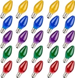 Haraqi 25 Pack 5W 120 Volt E12 Socket C7 Multicolor Christmas Replacement Bulbs, C7 Outdoor Indoor String Light Replacement Bulbs